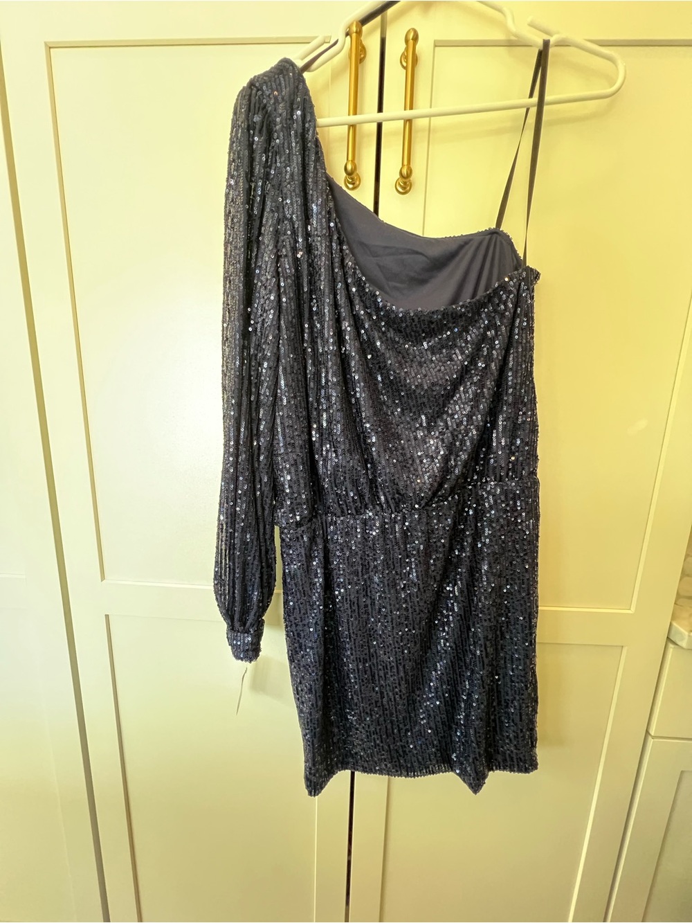 Windsor One-Shoulder Navy Sequin Dress with Long Sleeve